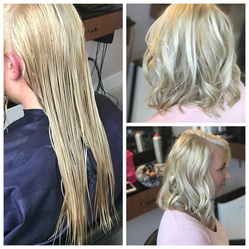 Picture of three pictures the left is of blonde hair that is long, the right is above where the client hair is shorter, shoulder length curled